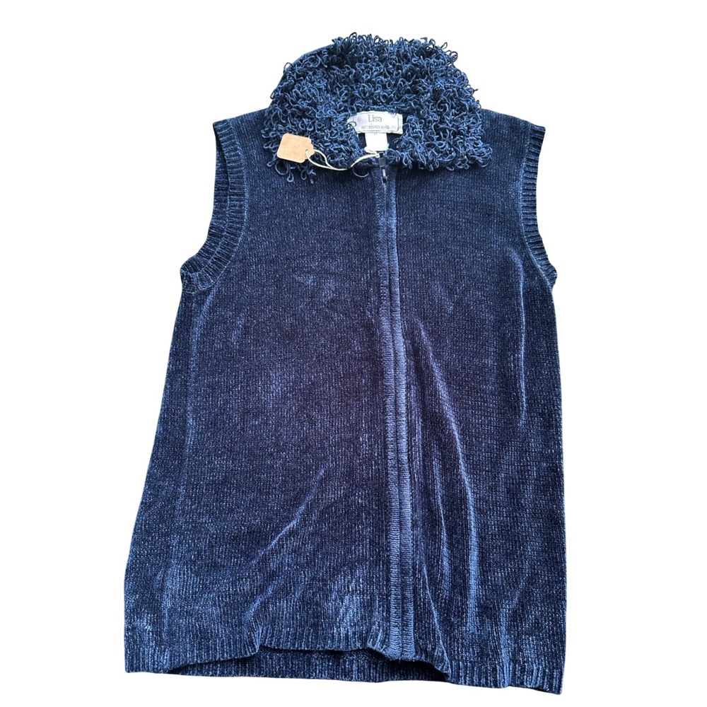 Lisa International Navy Blue Chenille Zip Up Sweater Vest Faux Fur Collar Mens M
